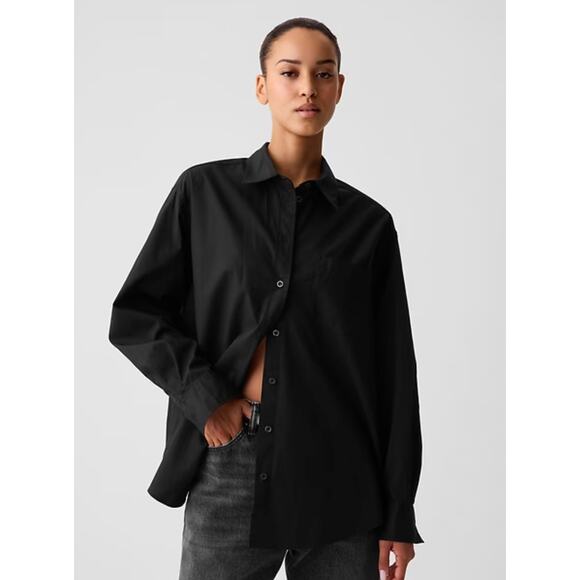 Gap Black Crinkle Gauze Button-Front Tunic Shirt NWT Size L Minimalist - Picture 1 of 9